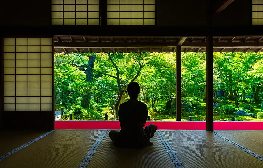 Zazen in a traditional temple facing a vibrant green garden.