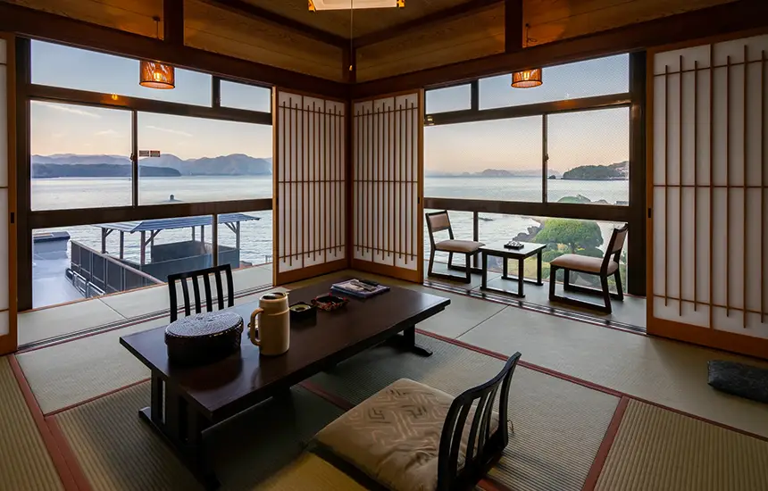 A View of a Serene and Beautiful Garden from a Calming Ryokan Room