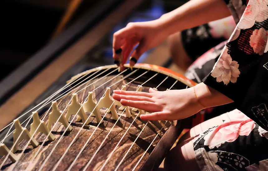 The koto is a traditional Japanese stringed instrument, similar to a zither. It has 13 strings stretched over a long, hollow body.