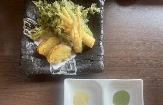Seasonal Japanese spring vegetable tempura with two kinds of flavored salt