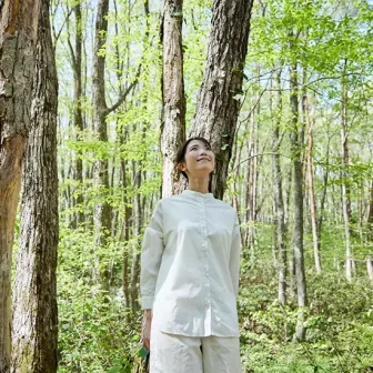 Wellness travel scene of a woman forest bathing in Japan’s lush green forest