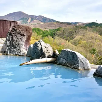 An open-air hot spring bath with a magnificent natural backdrop.