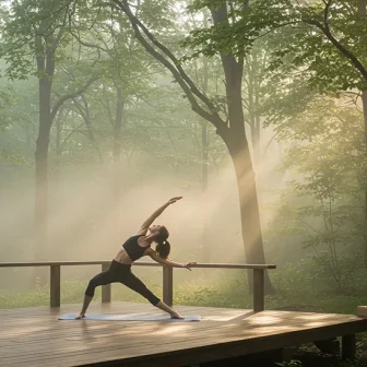 Yoga practice in a tranquil Japanese forest, embodying wellness and harmony with nature