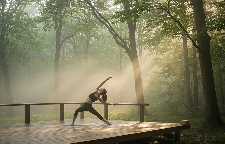 Yoga practice in a tranquil Japanese forest, embodying wellness and harmony with nature