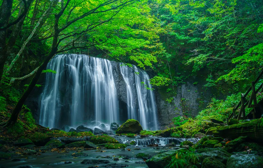 A powerful photo of a magnificent Japanese waterfall.