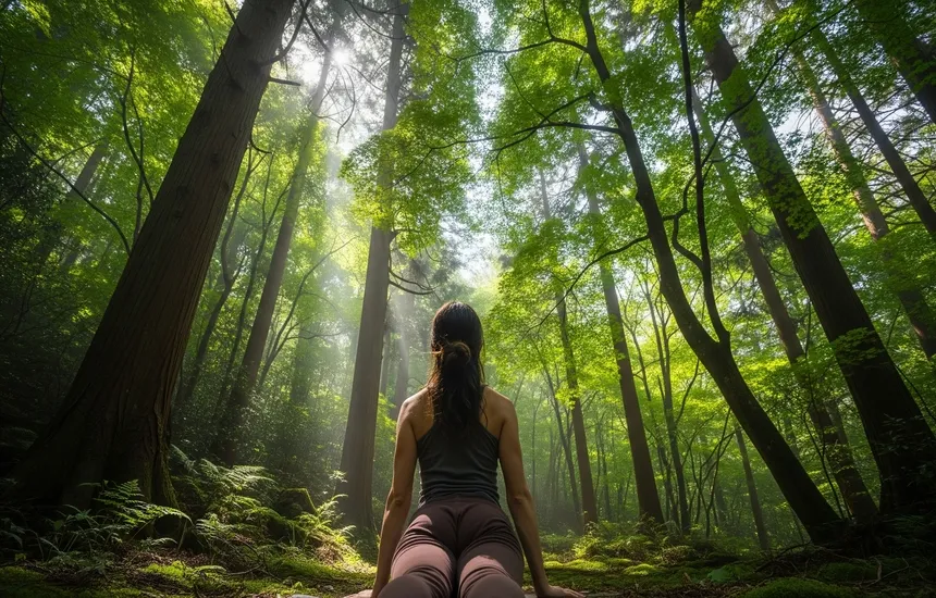 A person meditating in a forest.