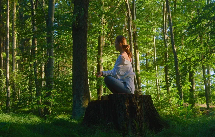 People meditating in the mountains.