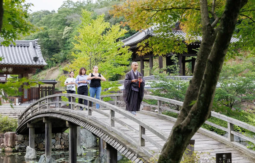 A photo of a historic temple exterior that blends history and nature.