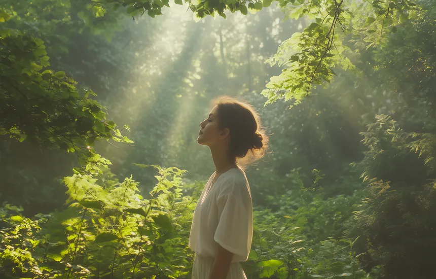 A close-up photo of a person with eyes closed, meditating in nature.